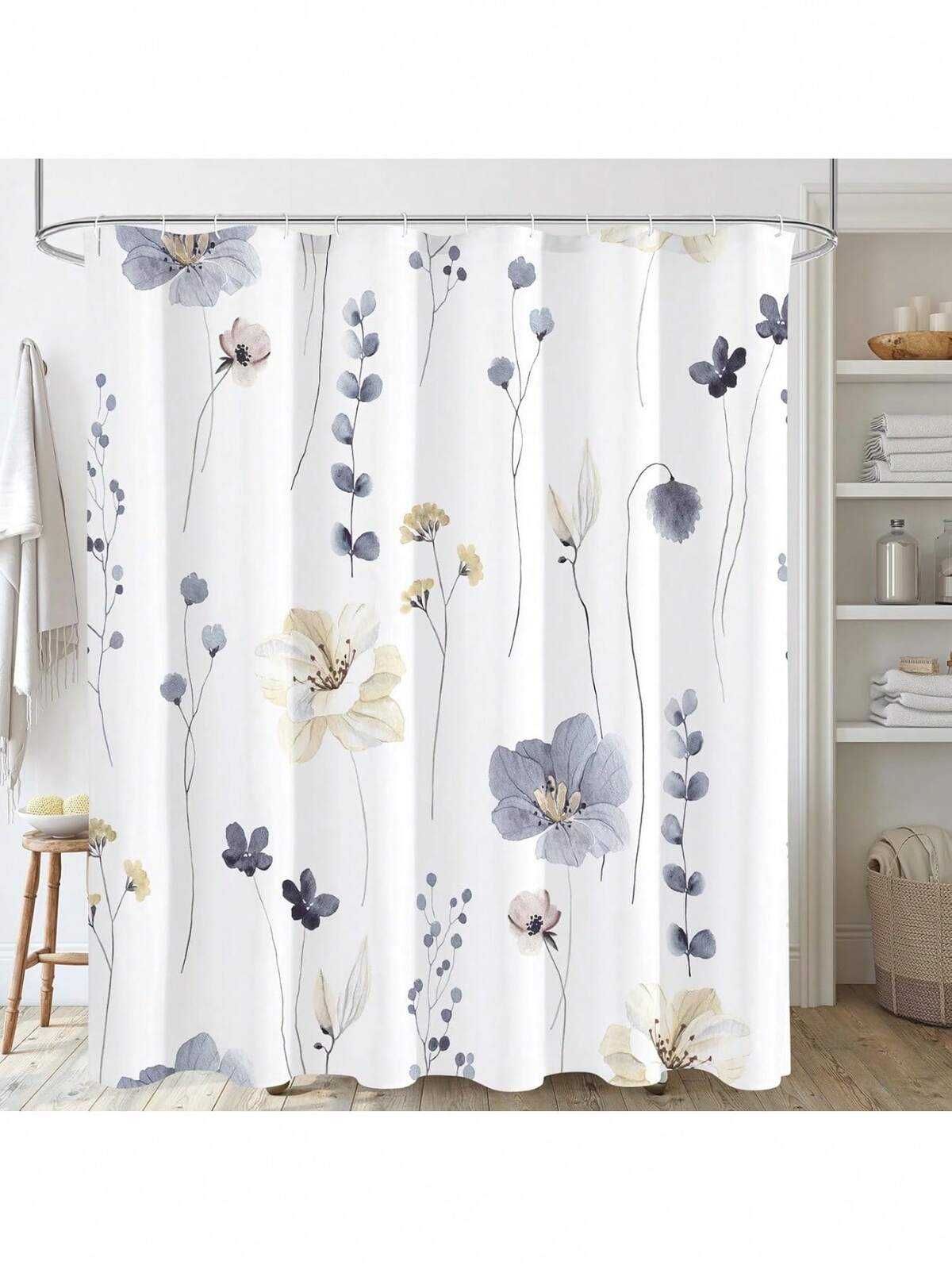 Floral Shower Curtain For Bathroom, Modern Minimalist Waterproof Fabric Shower Curtain Set With Hooks 66x72 Inch