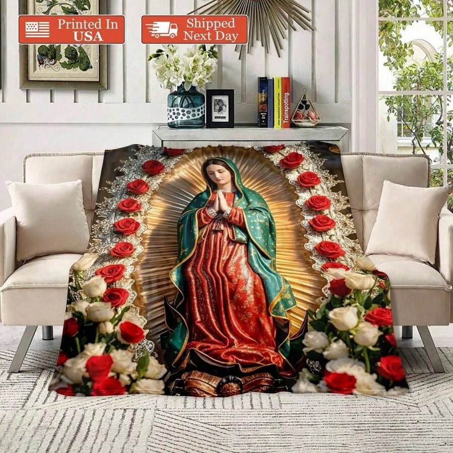 1 Pink Virgin Mary Print Flannel Blanket, Soft And Warm Digital Printed Flannel Suitable For Sofa, Bedding, Travel, Camping, Living Room, Office - Machine Washable, Modern Style, All-Season Multi-Purpose