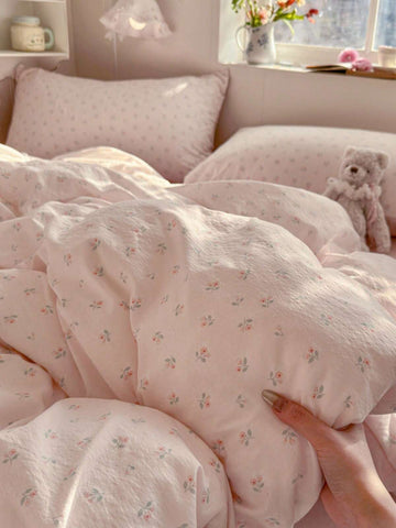Sweet Girl Pink Flower Quilt Set, Including 1 * Duvet Cover+1 * Bed Sheet+2 * Pillowcase, Pink Bed Sheet, Light Green Branch And Leaf Pattern, Comfortable Bedding, Simple Home Decoration, Coreless Duvet Cover Pillowcase, Machine Washable