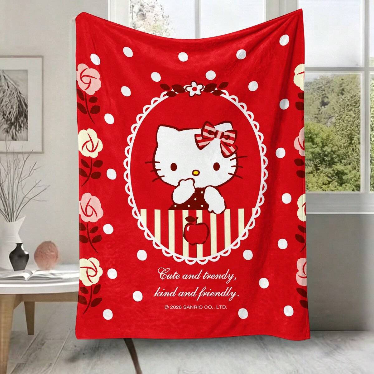Miniso Sanrio Hello Kitty Red Polka Dot Throw Blanket, Soft Cozy Plush Blanket With Floral Frame Print For Sofa Office Nap Travel